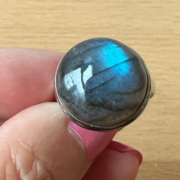 VINTAGE LARGE LABRADORITE CABOCHON RING 925 STERLING SILVER BLUE ETHEREAL GLOW
